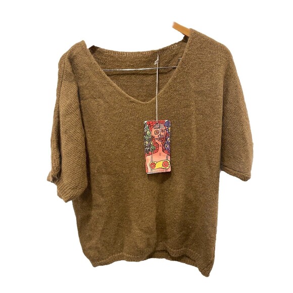 Colette tan Open Knit Mohair Wool Pullover Sweater Scoop Long Sleeve M ITALY - Picture 1 of 5